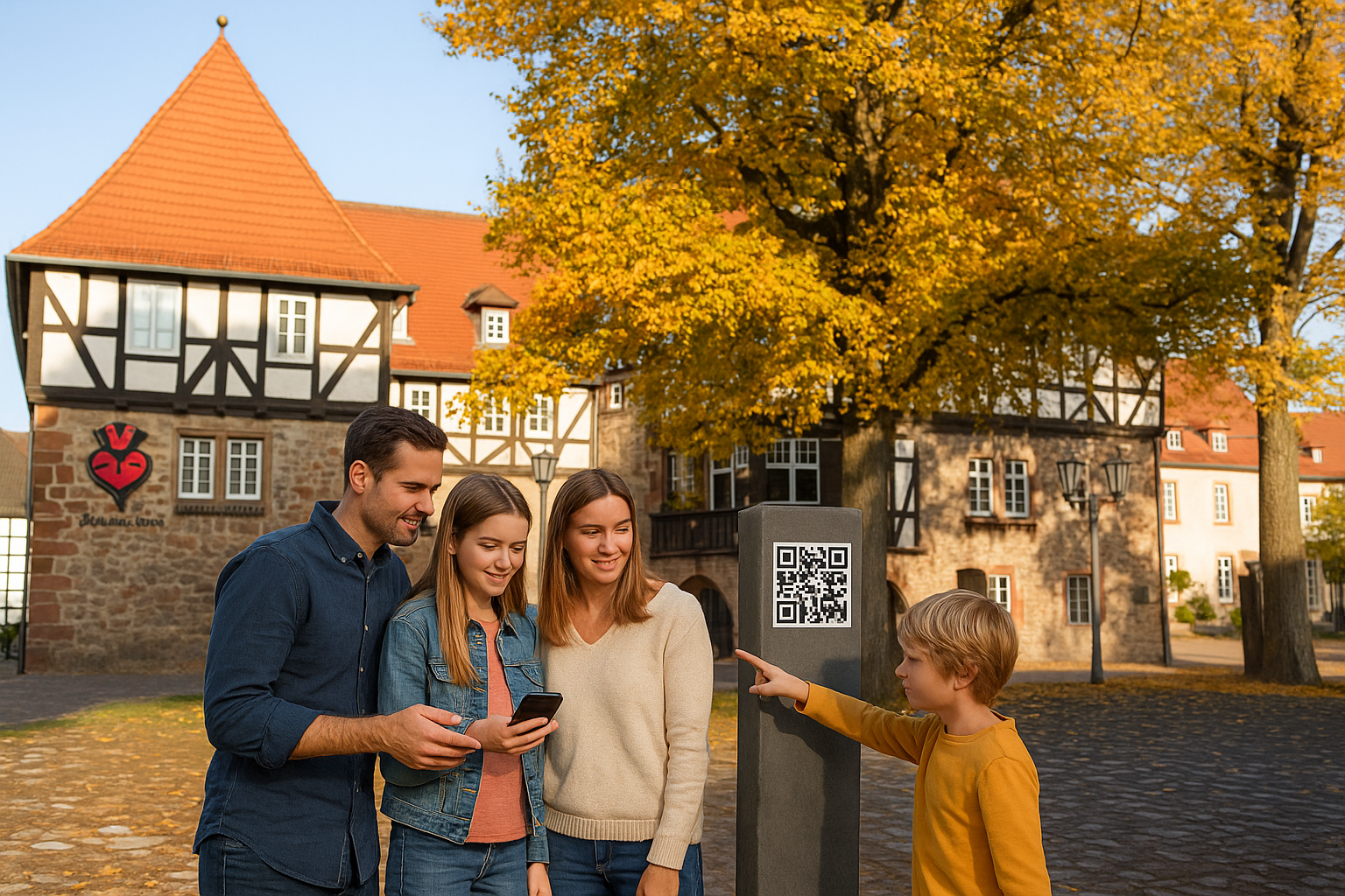 Family using a smartphone to discover a QR code in front of a historic building